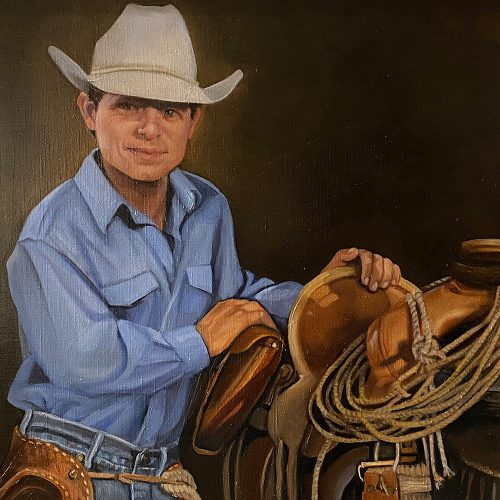 Painting - Days Done, cowboy leaning over a saddle
