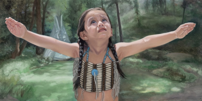 eagle child spreads his arms like wings
