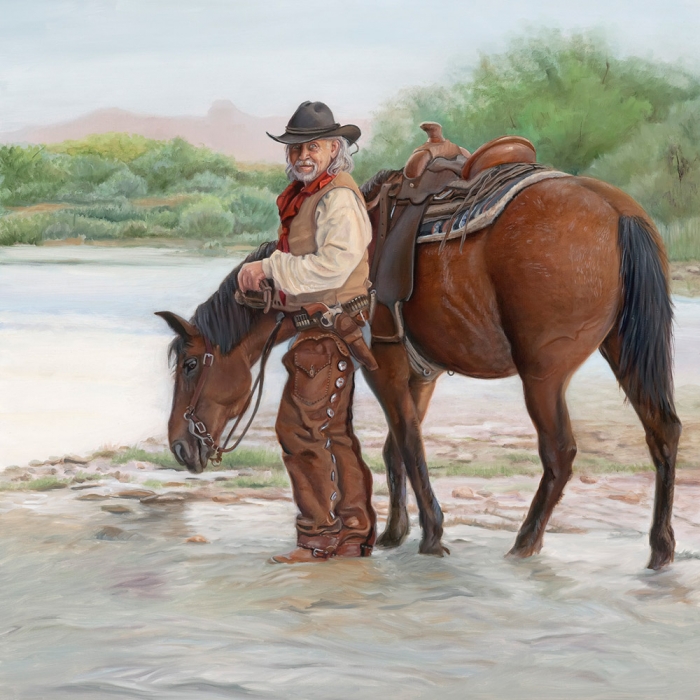 Painting - What was that? Cowboy with his horse by a stream in the wilderness