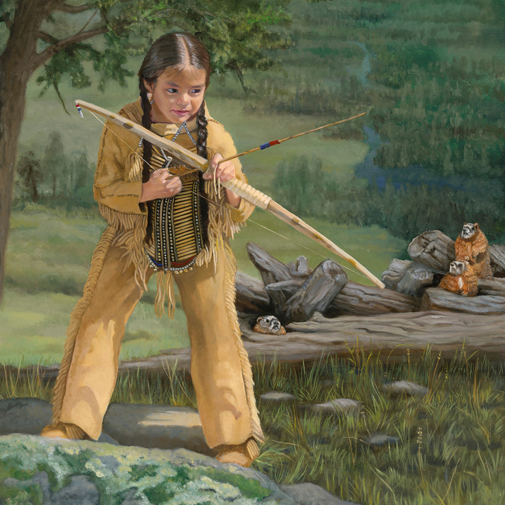 Traditional Painting - High Alert. Native American Child holding a bow and arrow